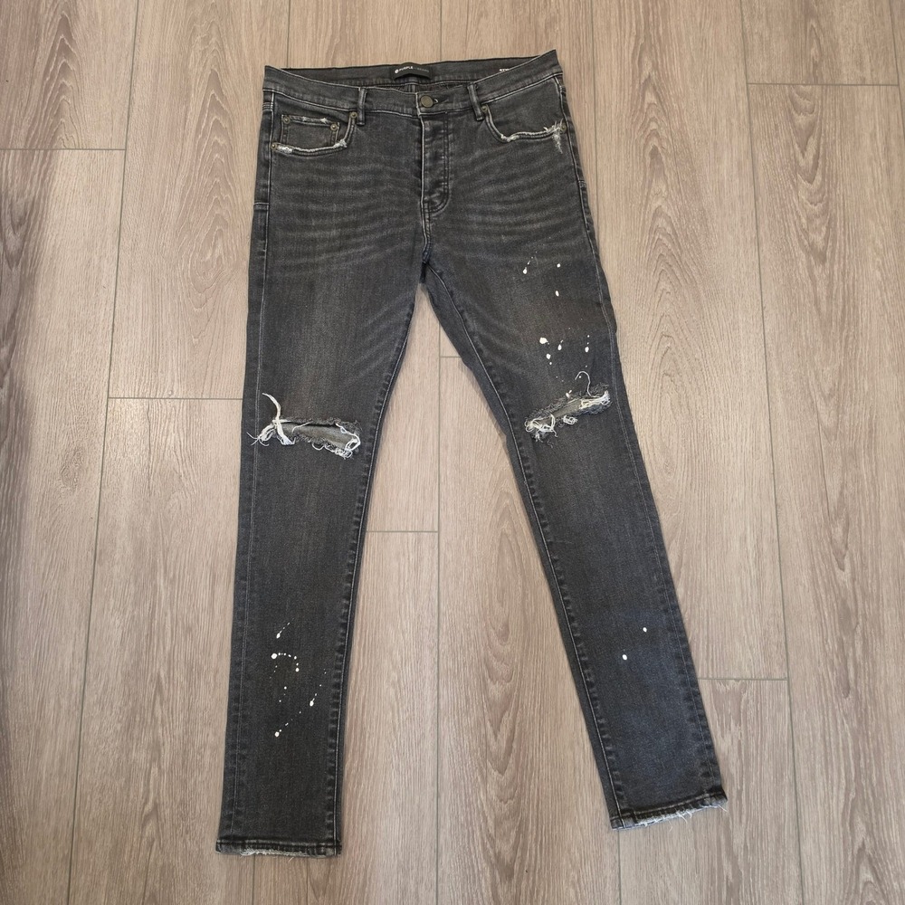 Purple Brand P001 Slim Fit Distressed Paint Splatter Black Jeans mens Size 33x30